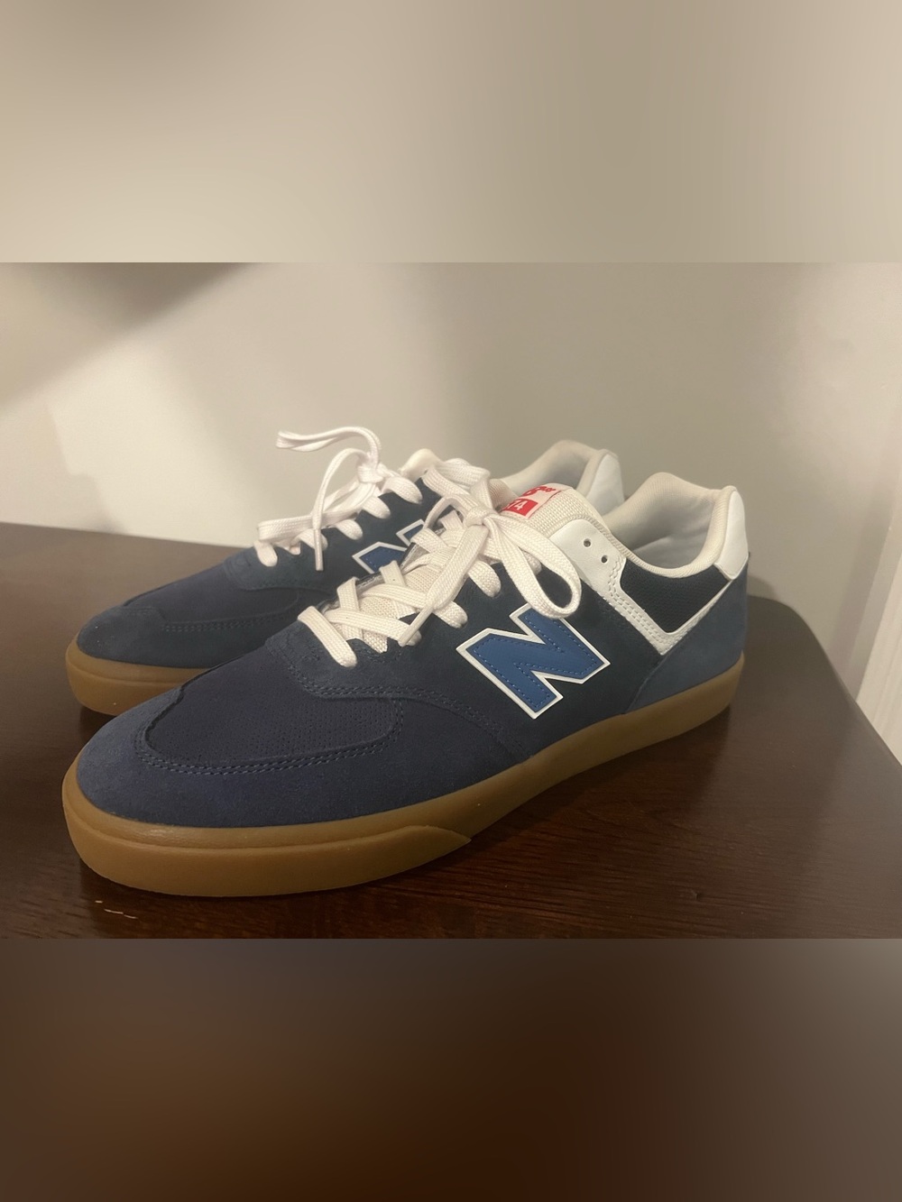 New Balance Men's Navy and White Suede 574 Sneakers with Blue 'N'
